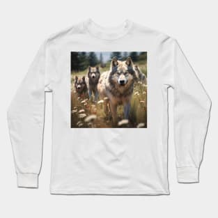 Wildlife: a pack of wolves wandering through a meadow Long Sleeve T-Shirt